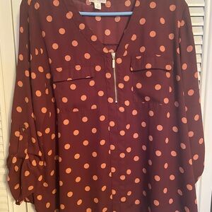 Cato Burgundy and Tan Polka Dot Blouse